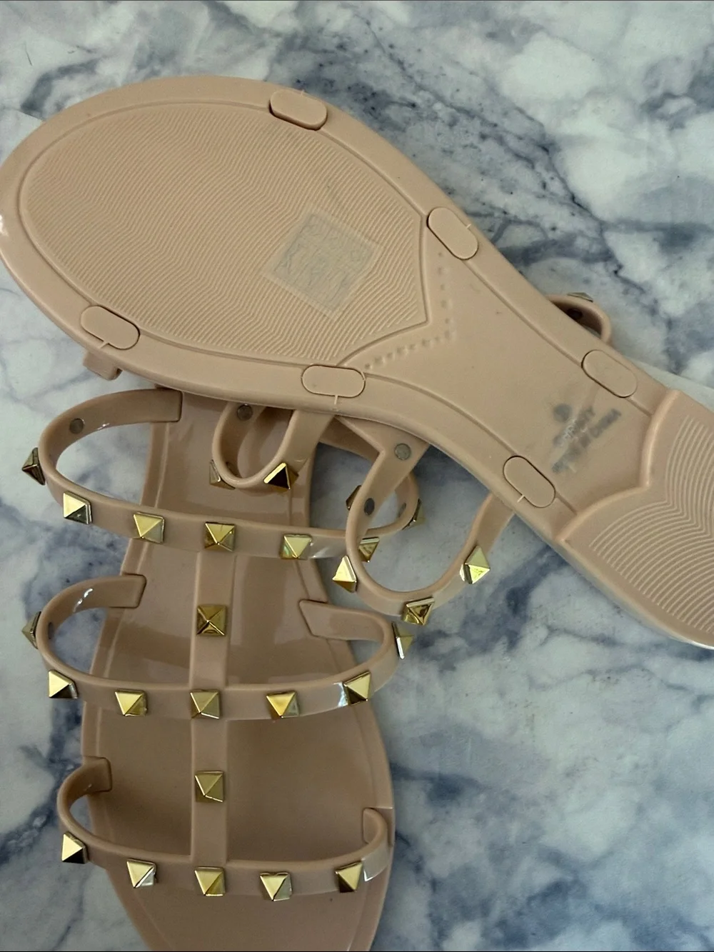 Nicole Miller Nude Patent Studded T-Strap Slide Sandals